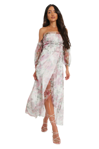 Floral Mesh Rouched Maxi Dress  - Γυναικείο μάξι Φόρεμα  - PRO03293