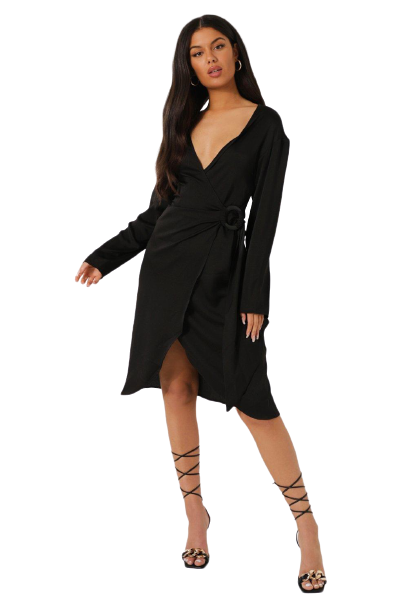 Satin Wrap Midi Shirt Dress - Γυναικείο μίντι Φόρεμα - 9000941